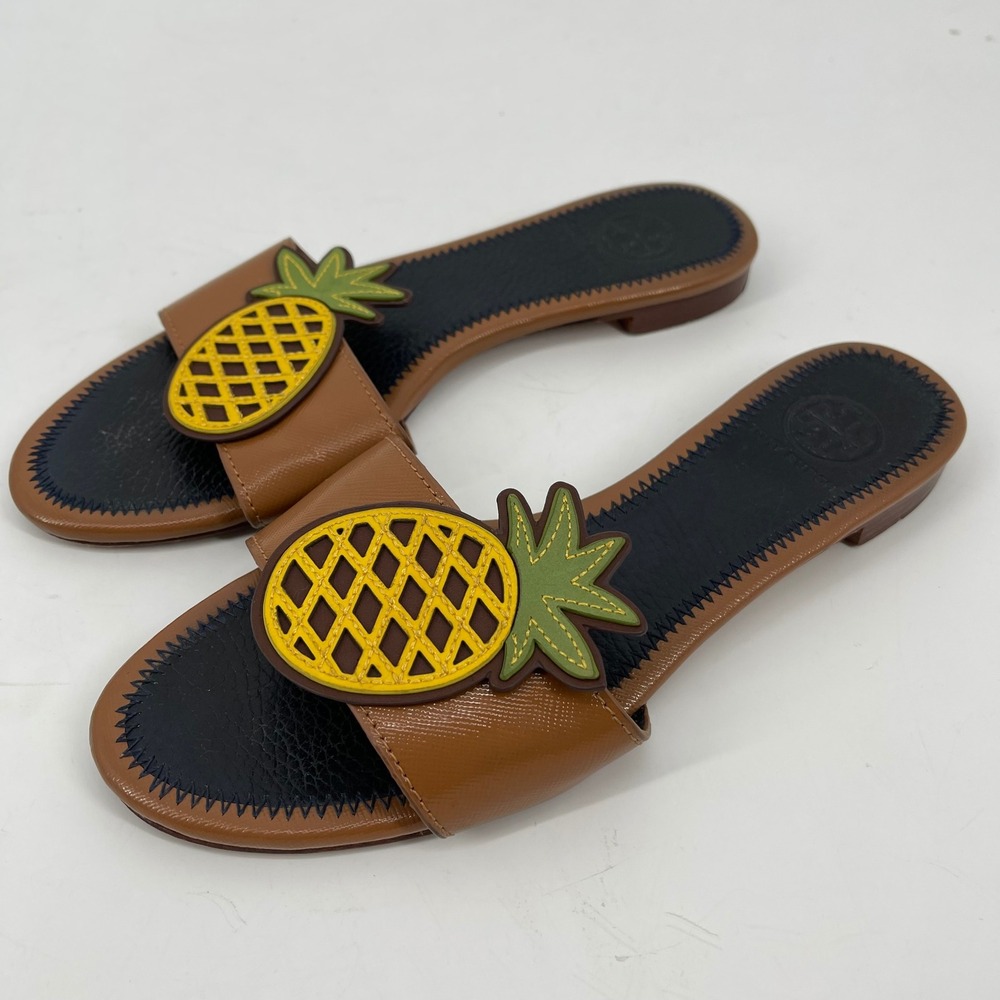 Tory Burch Brown Leather Pineapple Slide Sandals Size 5.5 Tropical Resort Luxury
